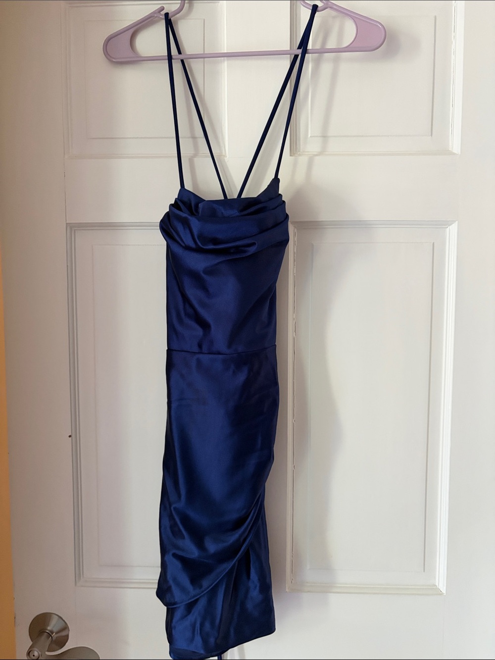 Stacees Navy Satin Mini Dress with Adjustable Back